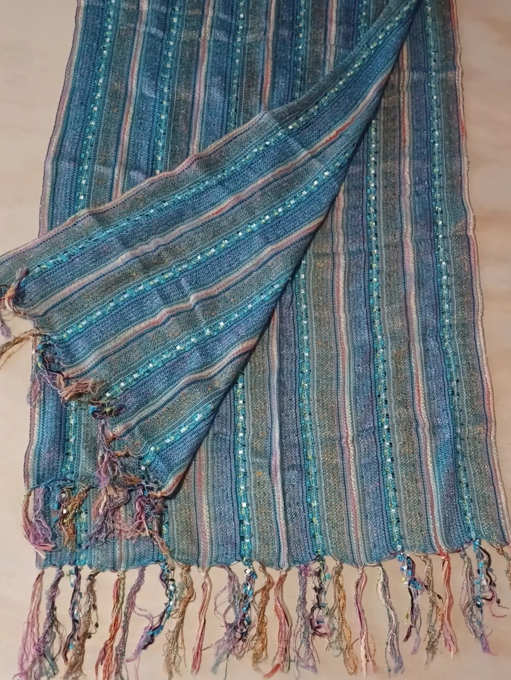 Boho Striped Fringe Scarf Shawl Wrap 72×20 Textured Open Knit Blue Pink Sparkle